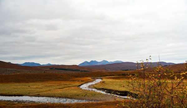 Highland moorland with a winding stream in autumn