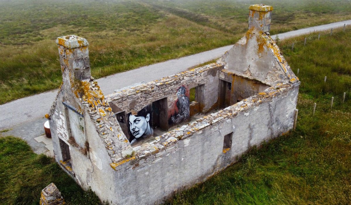 An abandoned stone building in Lairg from the air