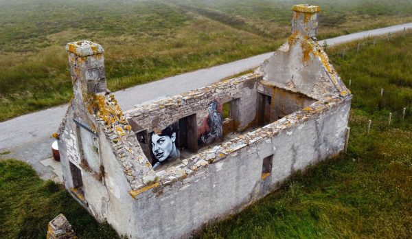 An abandoned stone building in Lairg from the air