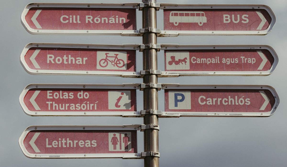 A multilingual fingerpost sign against open sky