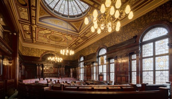 The ornate interior of a Scottish council chamber