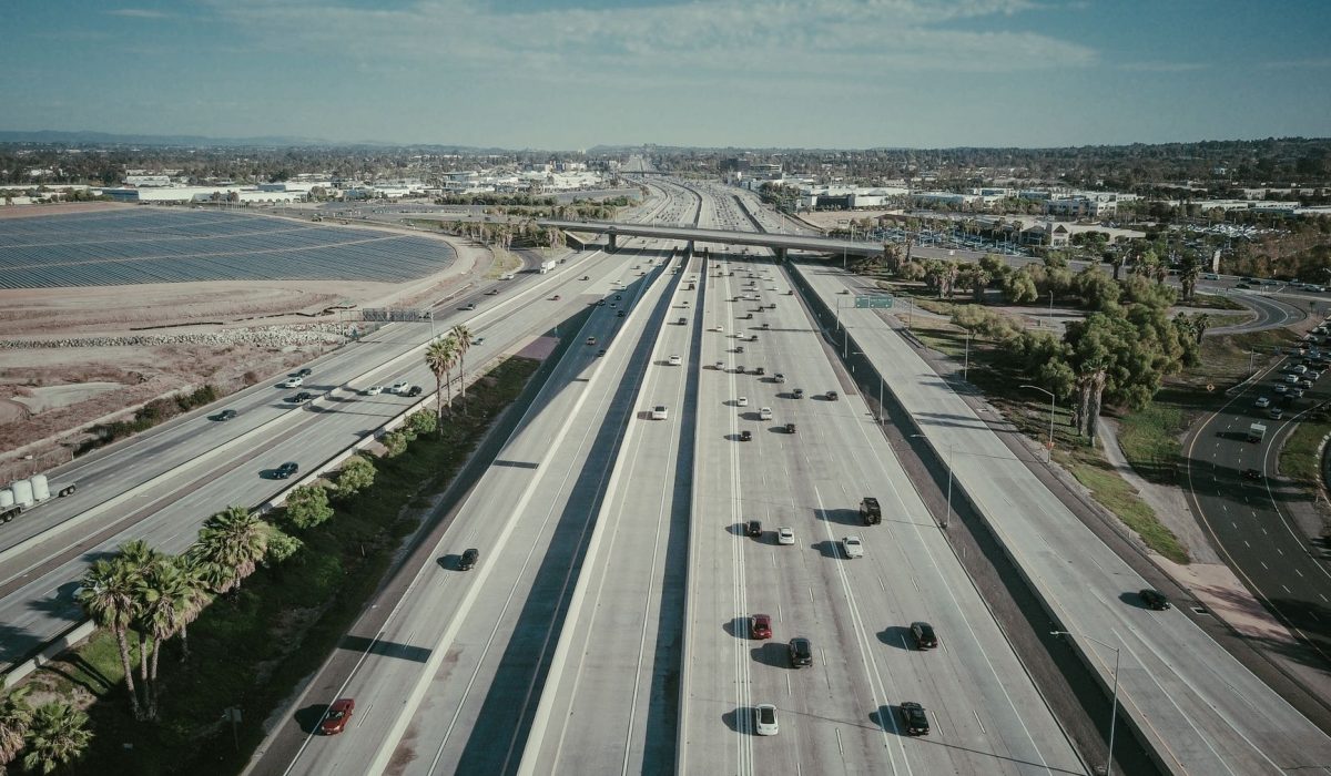 Aerial view of traffic on a multi-lane highway