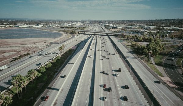Aerial view of traffic on a multi-lane highway