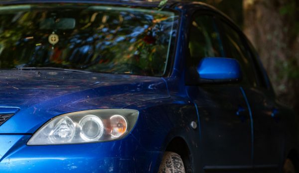 A blue car parked in the woods next to a tree, wheels muddy