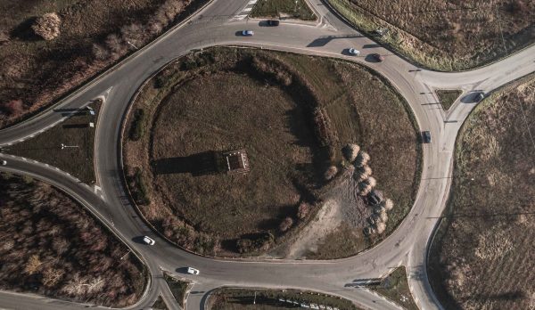 Aerial photograph of a circular traffic roundabout