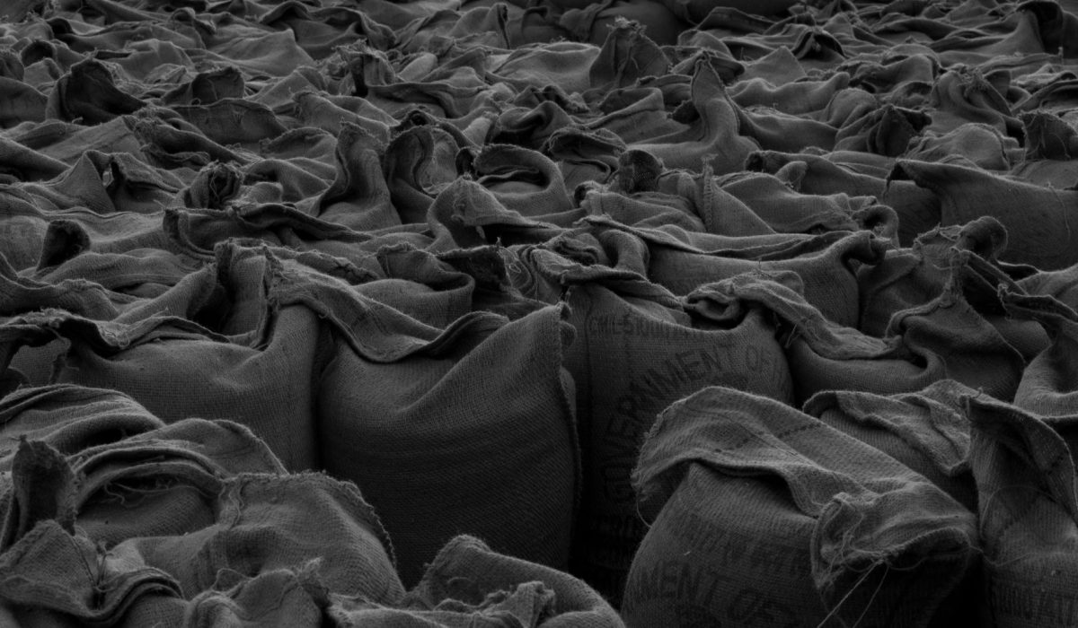 Tightly packed sacks in monochrome