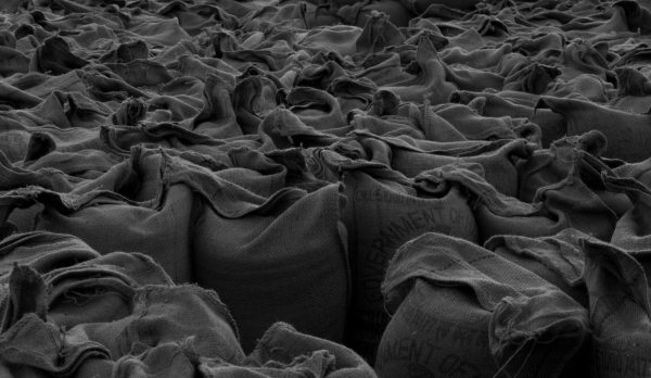 Tightly packed sacks in monochrome